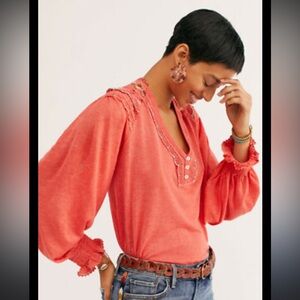 FREE PEOPLE $128 CAMELIA SIESTA FIESTA CROCHET TRIM LONG SLEEVE TOP Size XS